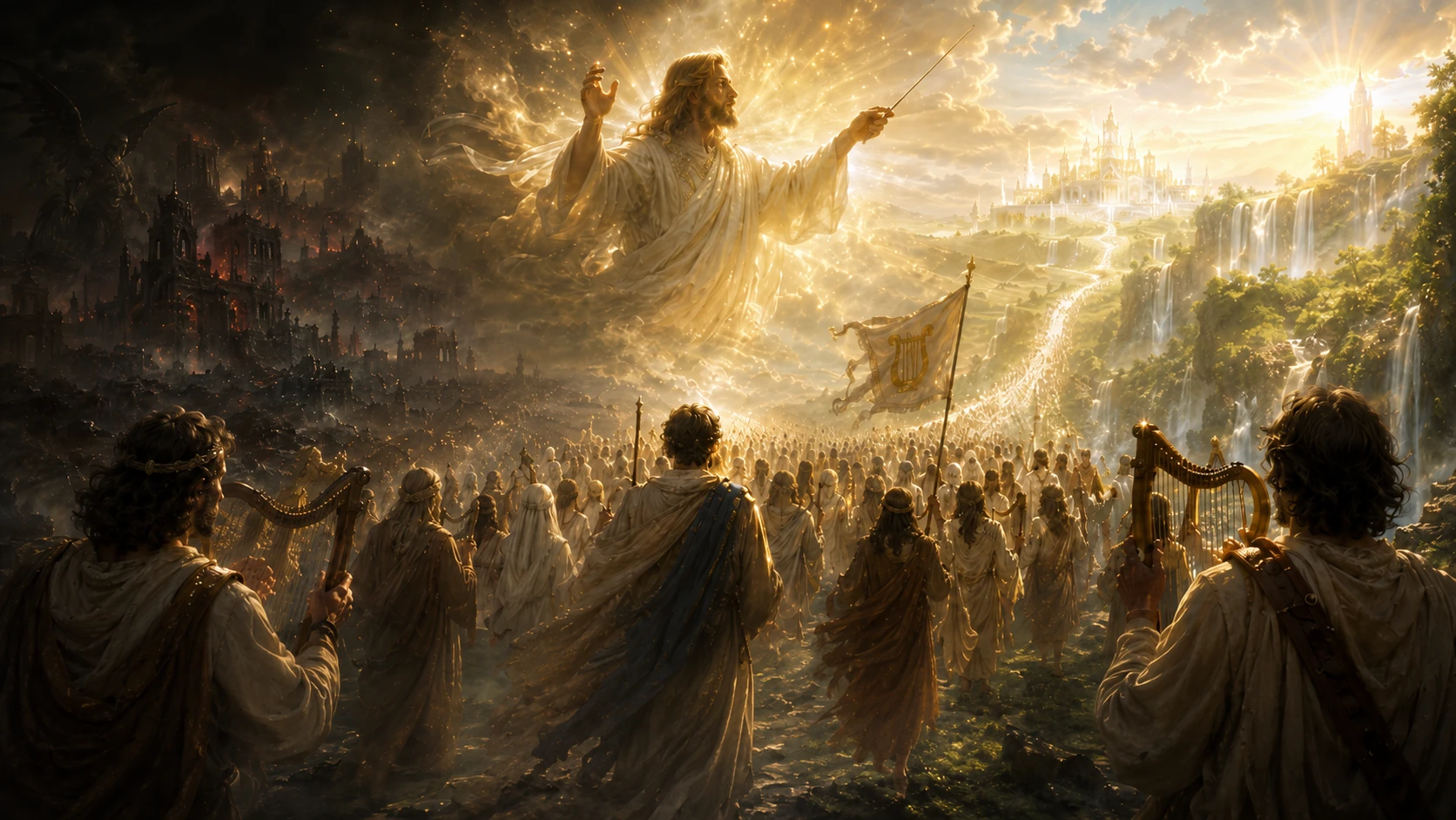 A radiant figure, symbolizing divinity, stands above a vast crowd of followers gathered in a landscape of light and lush greenery. The followers, dressed in flowing robes, face the figure, some holding musical instruments like harps. Behind them, a city of golden towers can be seen, reflecting sunlight, while a dark, devastated area lies in the background. A banner depicting a lyre waves in the air.