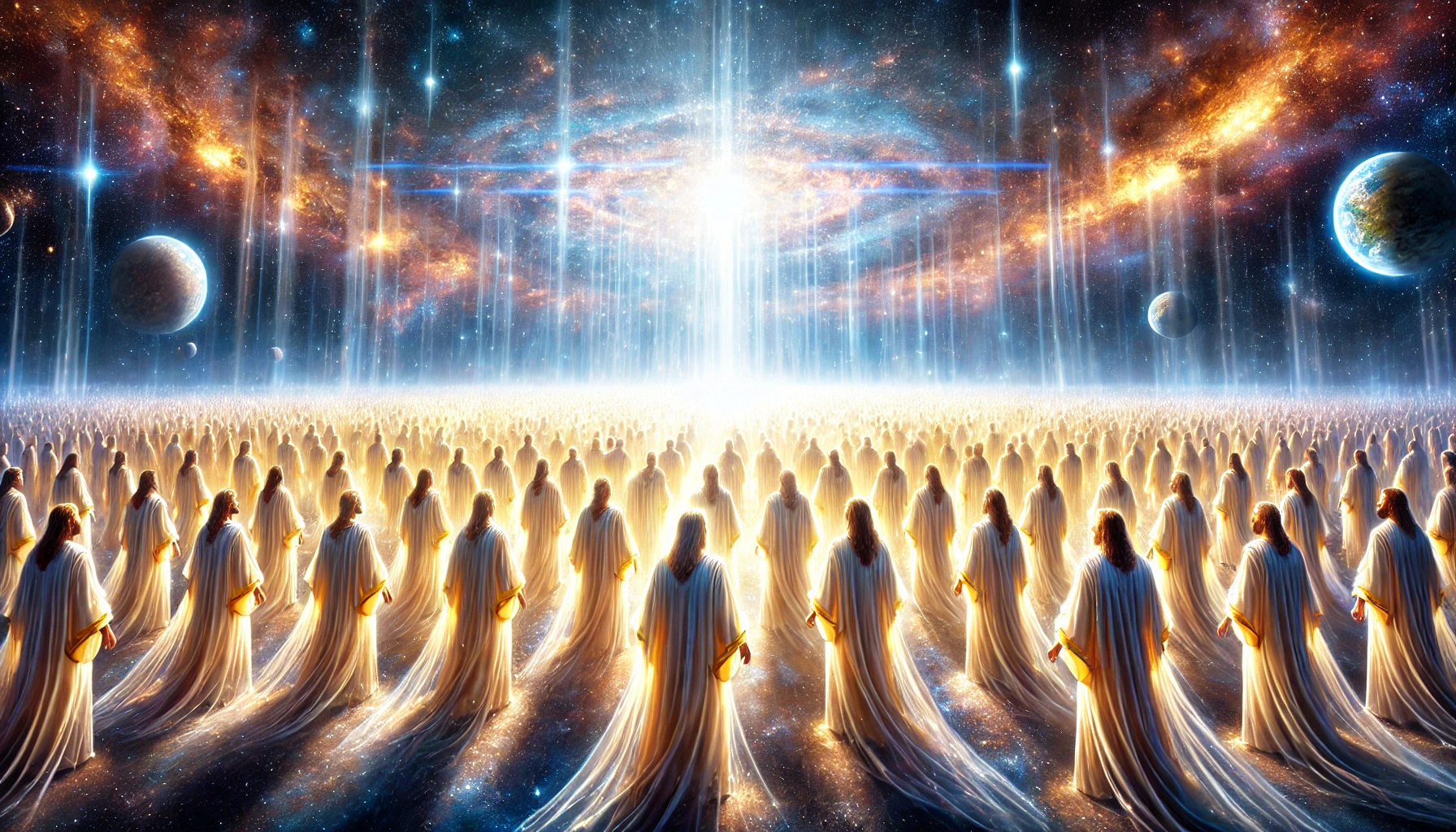 A vast celestial scene featuring a brilliant central light illuminating an expansive array of figures clad in flowing robes, beneath a vibrant cosmic backdrop with galaxies, stars, and planetary bodies. The gathering faces towards the radiant light source, evoking a sense of awe and wonder within the realm of the heavens.