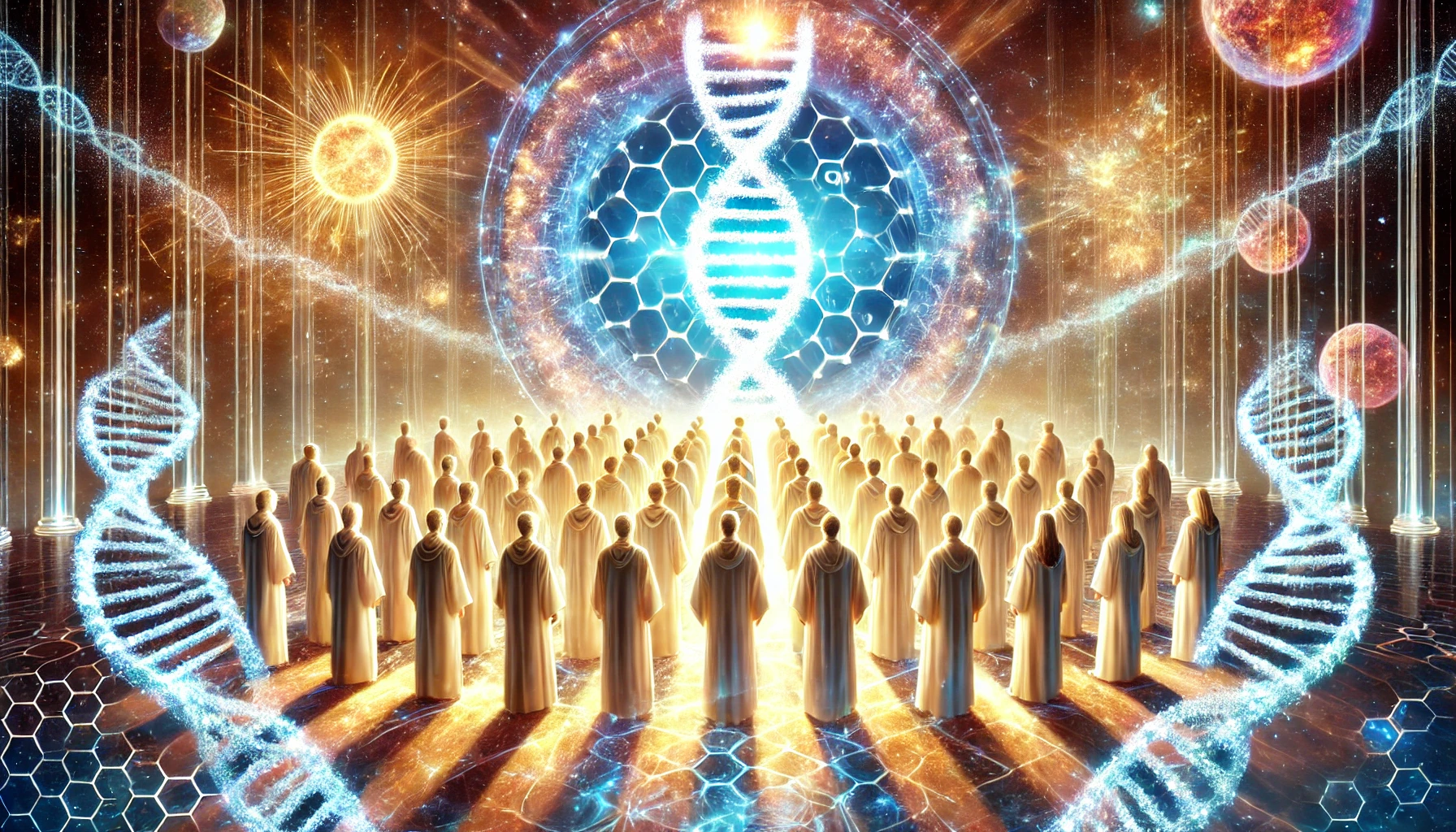 A vivid representation featuring numerous human figures standing and facing towards a giant glowing DNA strand amidst a cosmic background with dazzling stars and celestial bodies interconnected by beams of light.
