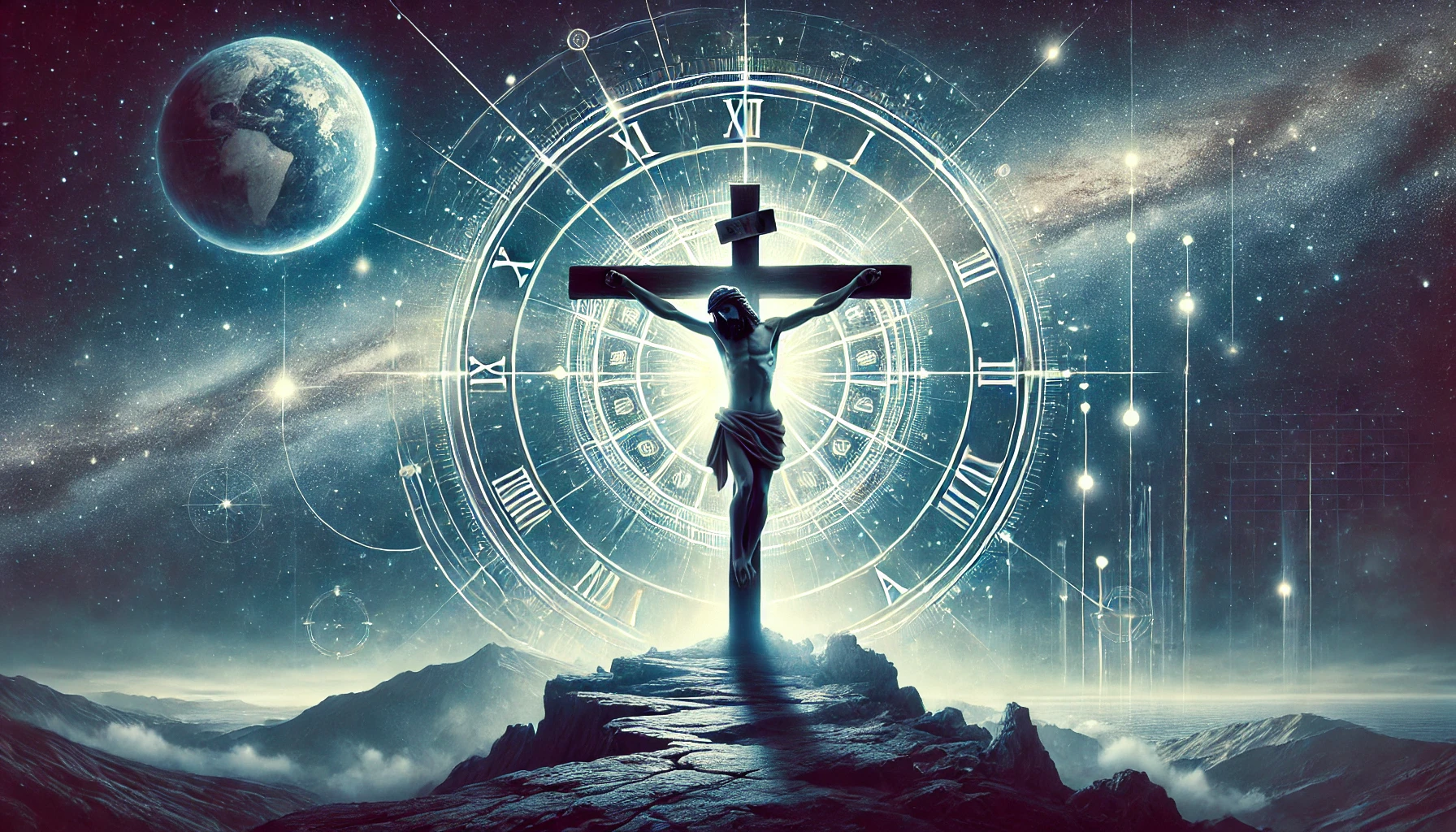 A surreal digital artwork featuring a representation of Jesus Christ crucified, set against a cosmic backdrop with a large celestial circle symbolizing the Mazzaroth. The Earth is visible in space, along with radiant celestial bodies and nebulous cosmic clouds.