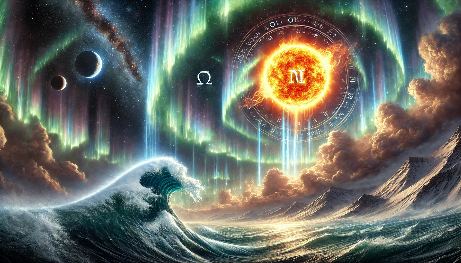 An imaginative celestial painting depicting symbols typically associated with the Mazzaroth above a dynamic ocean wave. The scene includes two prominent planets, a luminous sun, and the Milky Way stretching across a northern lights-like sky.