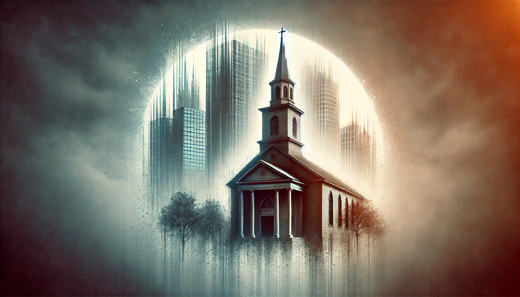 A surreal artwork depicting a traditional church with a steeple, encapsulated within a semi-translucent dome, juxtaposed against a backdrop of modern skyscrapers shrouded in mist. The scene conveys a fusion of historical and contemporary architecture under a celestial dome reminiscent of the firmament.