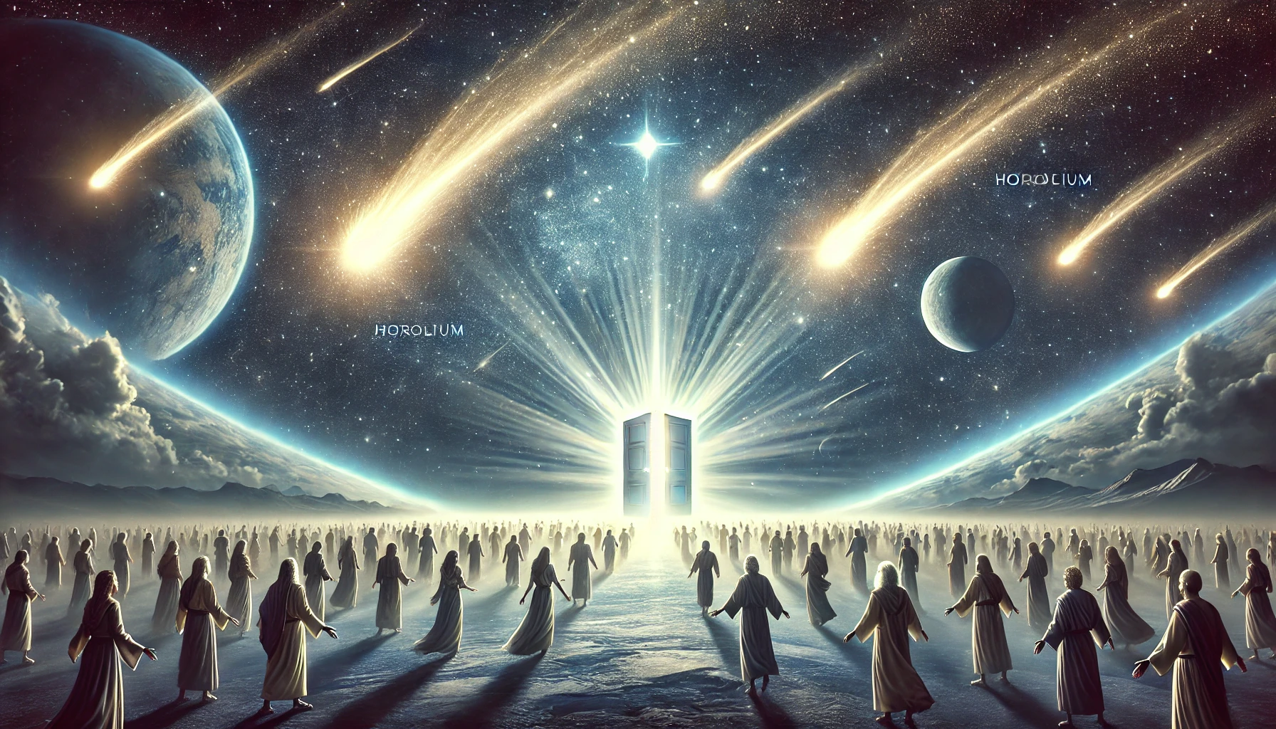 A surreal scene depicting a multitude of robed figures converging towards a radiant, central portal on a vast plain under a star-studded sky. The celestial backdrop features two prominent planets and multiple meteor-like objects streaking across the heavens illuminated by the burst of light from the portal.
