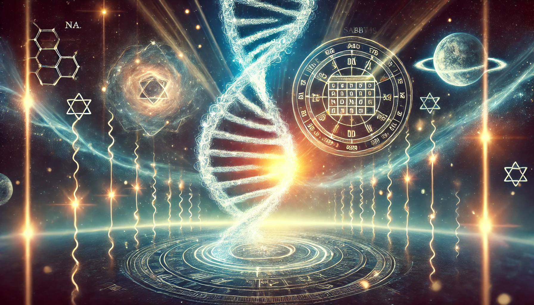 A vibrant digital artwork featuring a luminous DNA strand at the center, entwined with celestial imagery, including a glowing depiction of a planetary body with rings and various celestial-inspired symbols. The scene is illuminated by radiant beams of light enhancing the cosmic and scientific aesthetic.