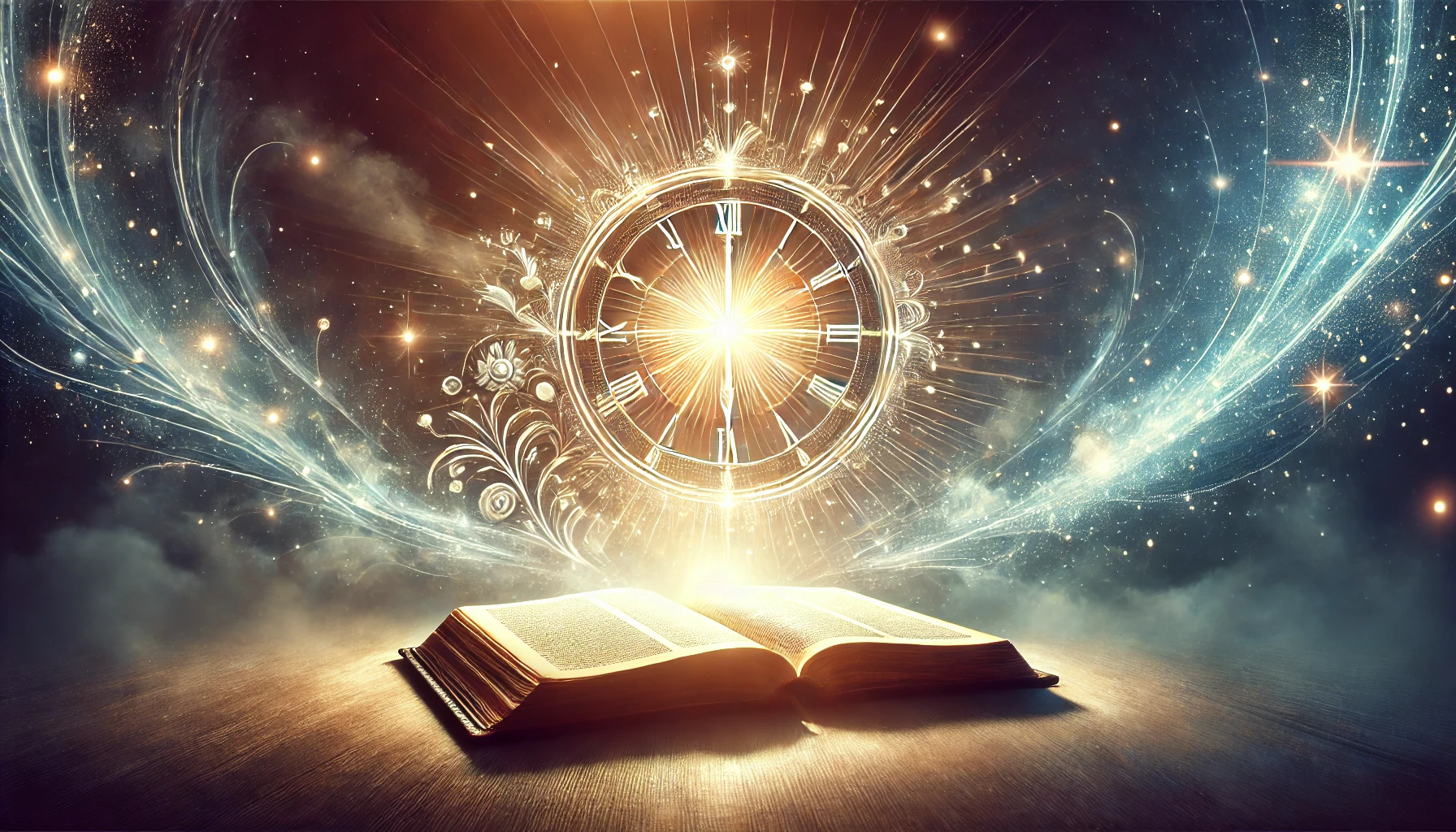 An open book on a table radiating an intense light, surrounded by a cosmic display featuring a circular celestial pattern with Roman numerals, amidst a swirl of stars and nebulous clouds.
