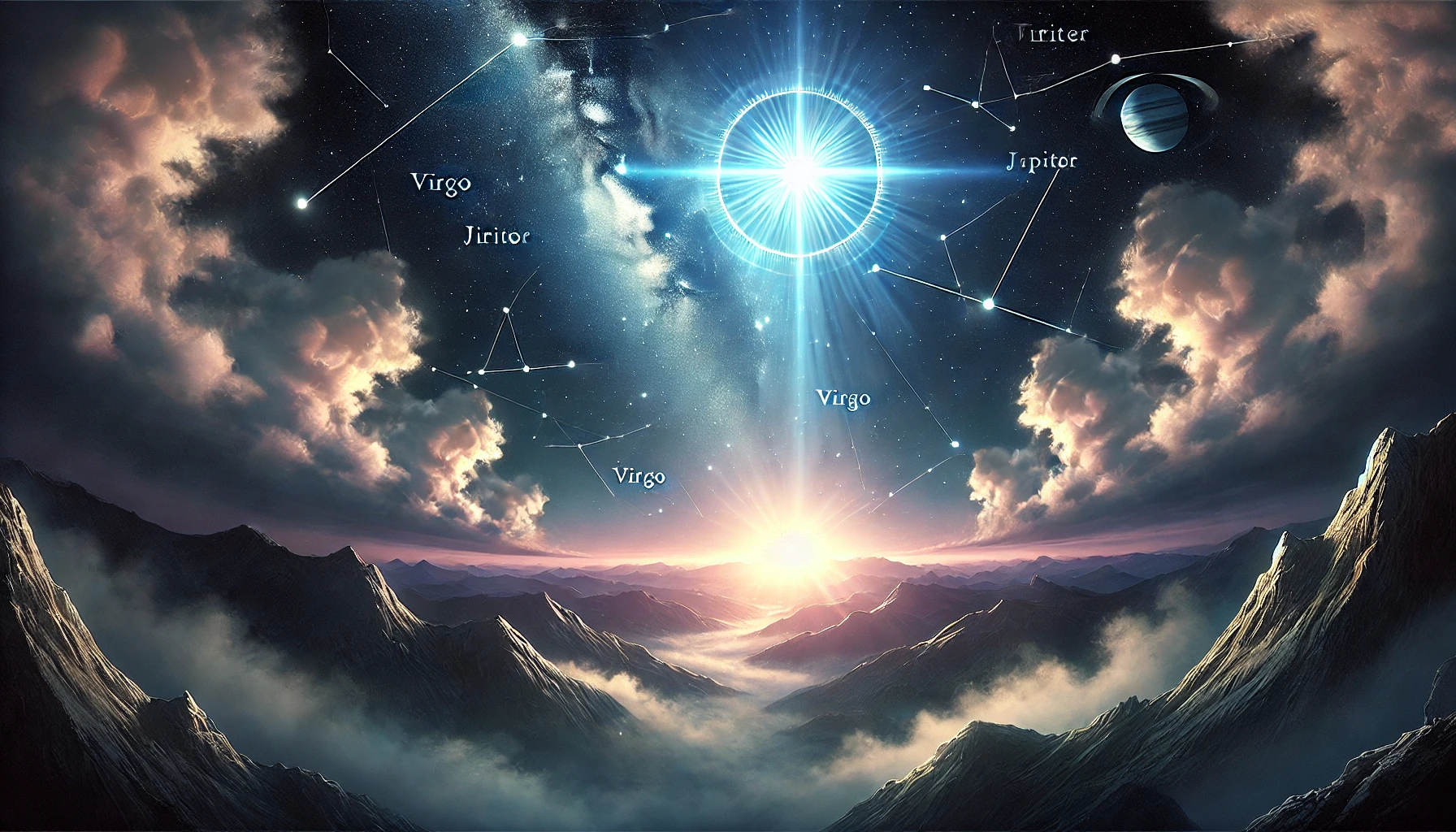 A breathtaking digital artwork depicting a celestial scenario over a mountainous landscape at sunrise. Bright stars illuminate part of the heavens, including the cluster associated with Virgo, represented traditionally in the Mazzaroth. Prominent planets, labelled as Jupiter and a fictional one named Iricite, are also highlighted amidst the cosmic display.