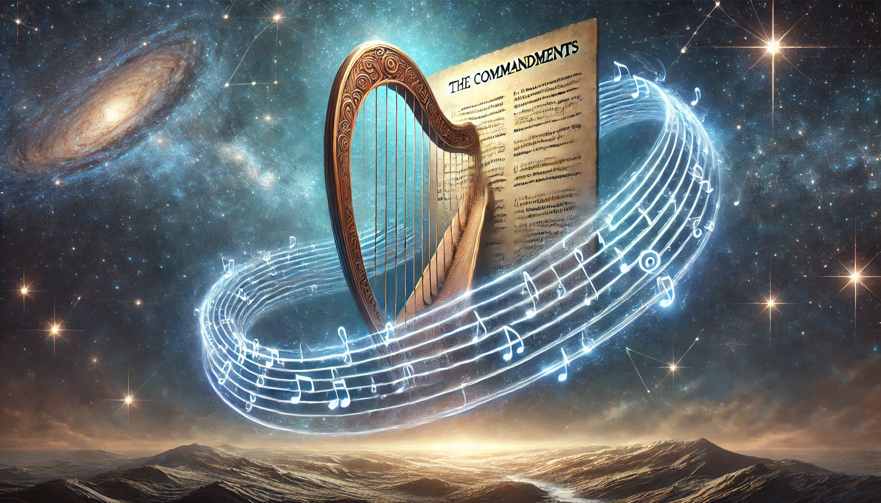 A fantastical scene blending celestial and musical elements, featuring a large spiral galaxy to the left and a bright constellation field. In the center, a wooden harp with glowing musical notes emanating from it floats next to an ancient scroll labeled "The Commandments". Below, a barren, mountainous landscape stretches under a starlit sky.