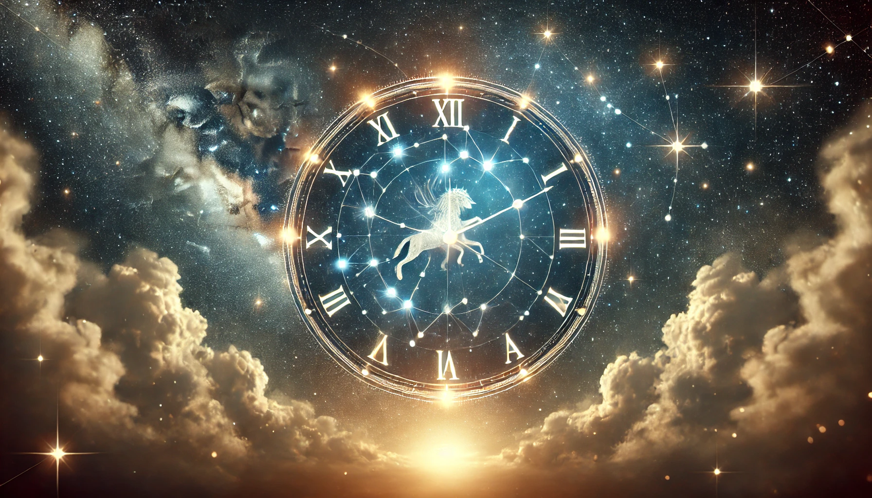 A celestial illustration featuring a large, glowing circle with Roman numeral markings from I to XII, centered on a white horse in motion. This circle is set against a backdrop of a dynamic cosmic scene with stars, nebulae, and soft clouds, accompanied by a radiant light source beneath, reminiscent of the wonders described in astronomical scriptures.
