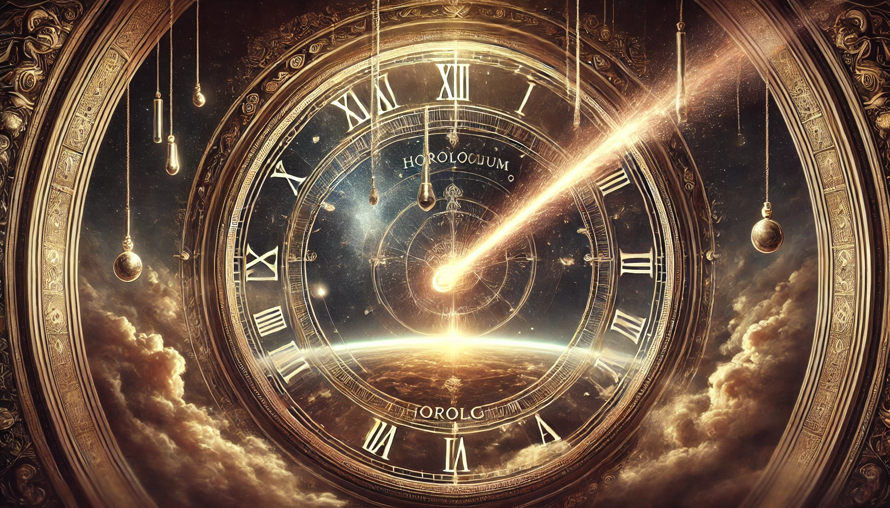 An ornate celestial clock adorned with golden roman numerals and intricate designs. The clock displays a cosmic scene with radiant beams emitting from the center, intersecting with suspended pendulums against a backdrop of clouds and celestial bodies.