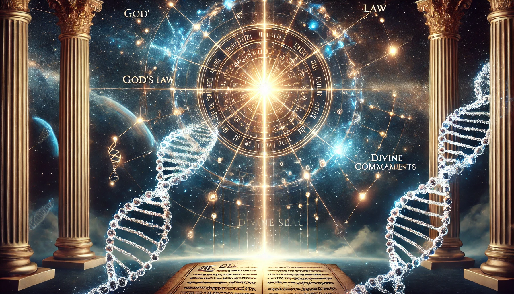 An artistic representation blending celestial and biblical elements, showcasing two Corinthian columns framing a central celestial map illuminated by a bright light source behind it. The background is adorned with constellations set against the cosmos. Between the columns, floating DNA strands intertwine with labeling such as "God's Law" and "Divine Commands." A stone tablet inscribed with texts rests at the forefront.