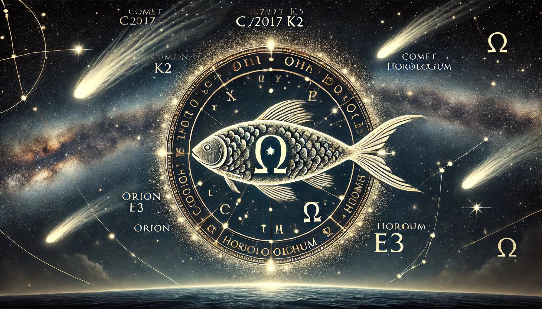 A celestial scene featuring three comets labeled as C/2017 K2, COMON K2, and HOROLOGIUM, with trails streaking across a star-filled sky and a backdrop of a cosmic nebula. In the center, a circular gold and black band etched with cryptic symbols of the Mazzaroth encircles a detailed drawing of a fish with symbols within, overlaid with constellations and celestial annotations.