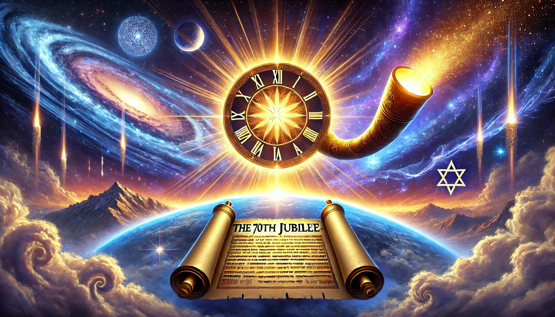 A vibrant cosmic scene illustrating a grand celestial clock with Roman numerals amidst a vivid galactic backdrop, featuring swirling galaxies, luminous celestial bodies, and trails of meteors. Prominent in the foreground is a beautifully detailed scroll titled "The 70th Jubilee," accompanied by a Star of David and lit shofars emitting bright light, all set above majestic mountain peaks and swirling clouds.