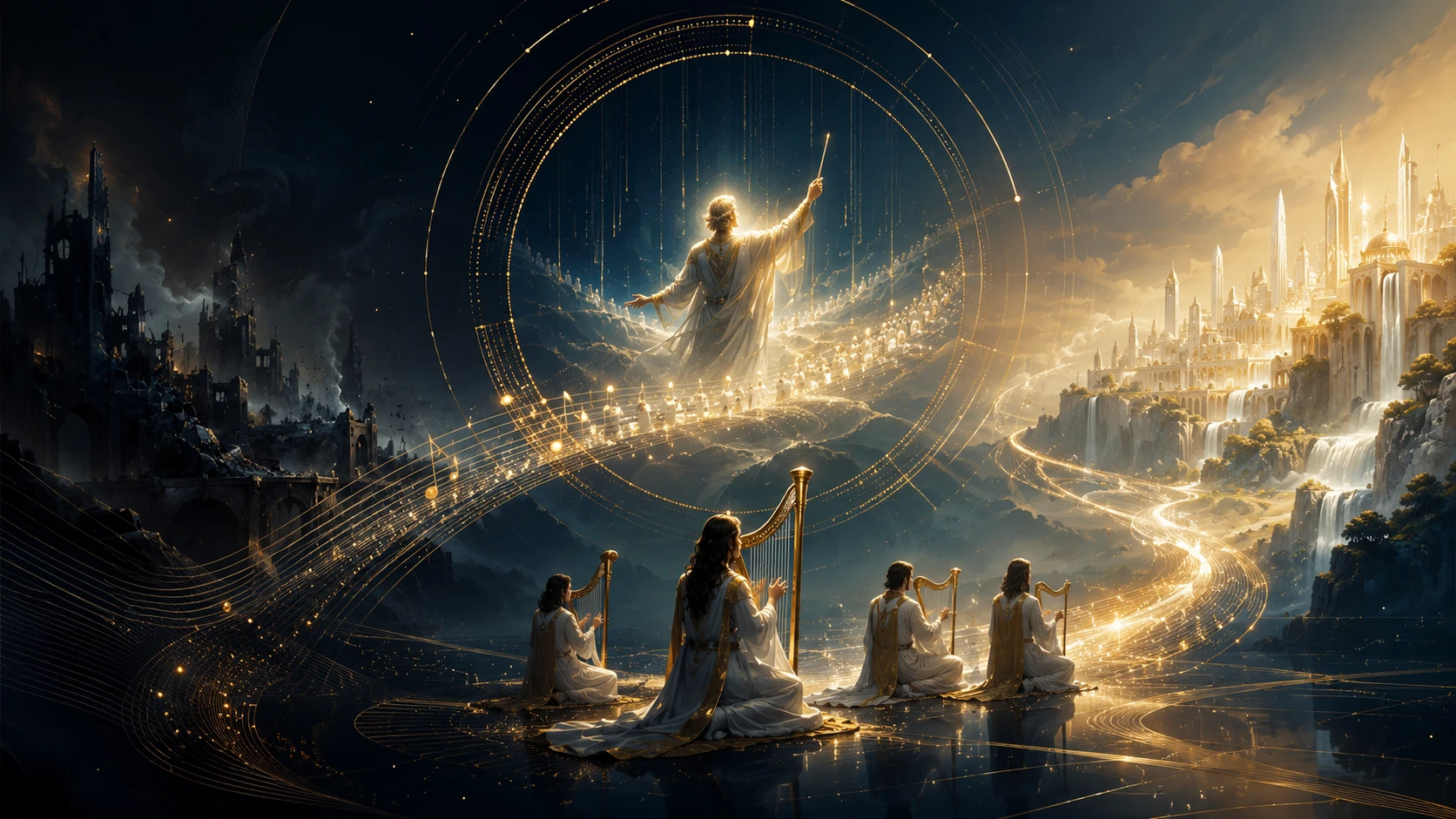 An ethereal scene depicting a divine figure in robes standing on a cloud, holding a staff, surrounded by celestial light. Below, four individuals in white robes are seated, playing golden harps. A luminous pathway leads to a radiant city with tall spires and flowing waterfalls, set against a backdrop of dark ruins and a starry sky filled with golden lines that resemble music notes.