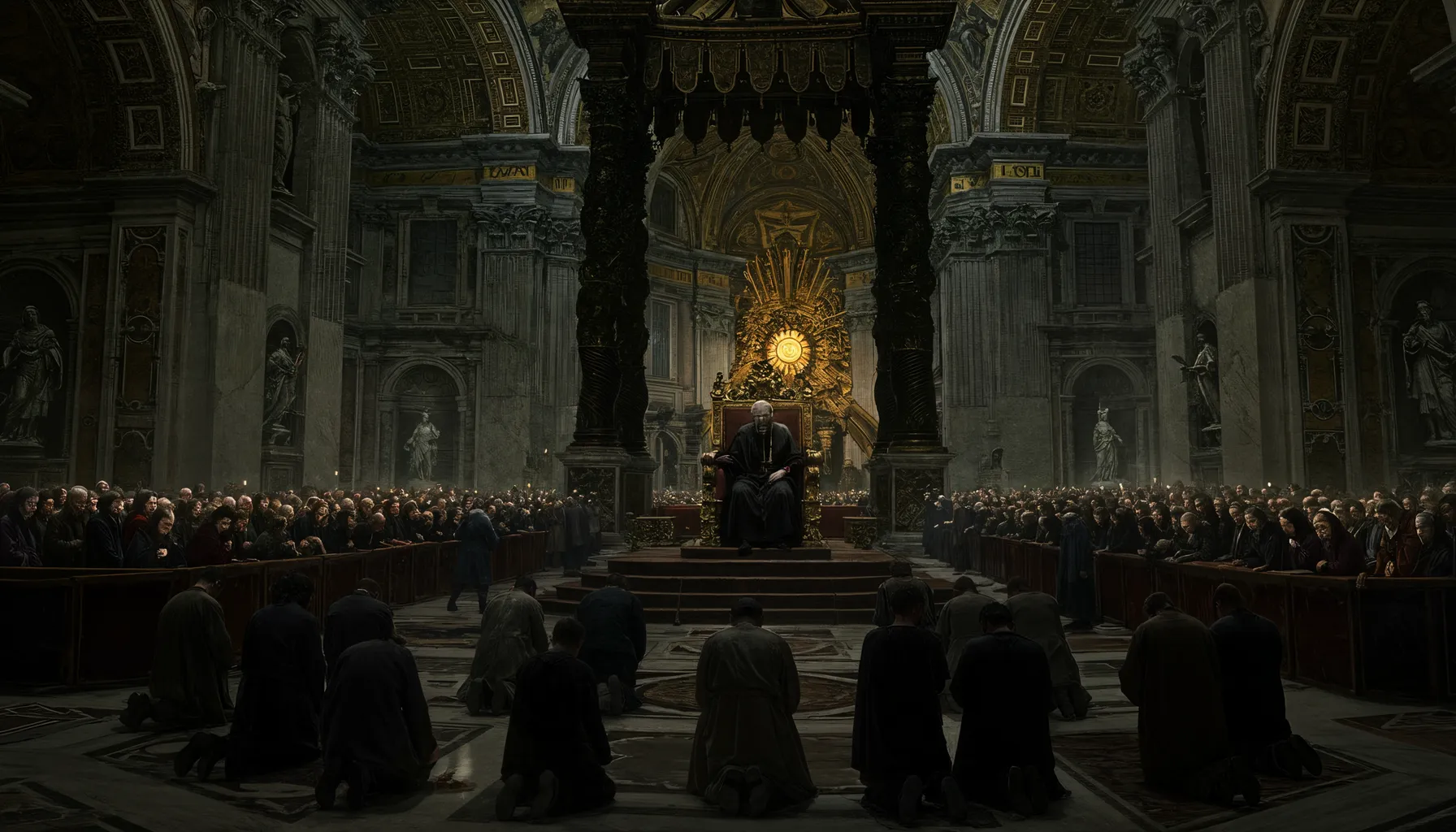 A vast cathedral interior bathed in dim, atmospheric light. A large congregation of people dressed in solemn, dark attire gathers, some standing and others kneeling, all directed toward a central figure seated on an ornate throne under a radiant, sun-like design high on the altar. The architecture features elaborate columns, statues, and intricate carvings, contributing to the scene's solemn and reverent ambiance.