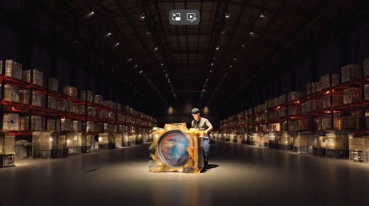 A warehouse worker pushes a large, ornate wheel featuring a colorful depiction of the Earth enclosed by the images commonly associated with the Mazzaroth, surrounded by vast shelves filled with boxes under a dark ceiling illuminated by linear lights.