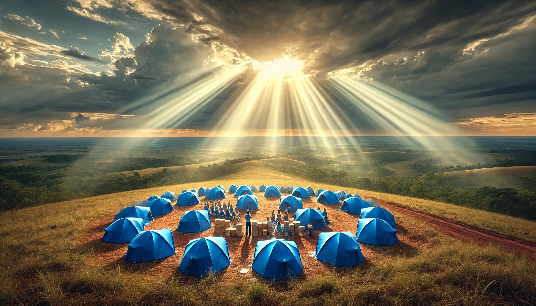 A breathtaking landscape depicts a circle of blue tents on a grassy hilltop, bathing under rays of sunlight streaming through a parting cloud cover at sunrise. People gather centrally among the tents, suggesting a communal activity in the great outdoors.