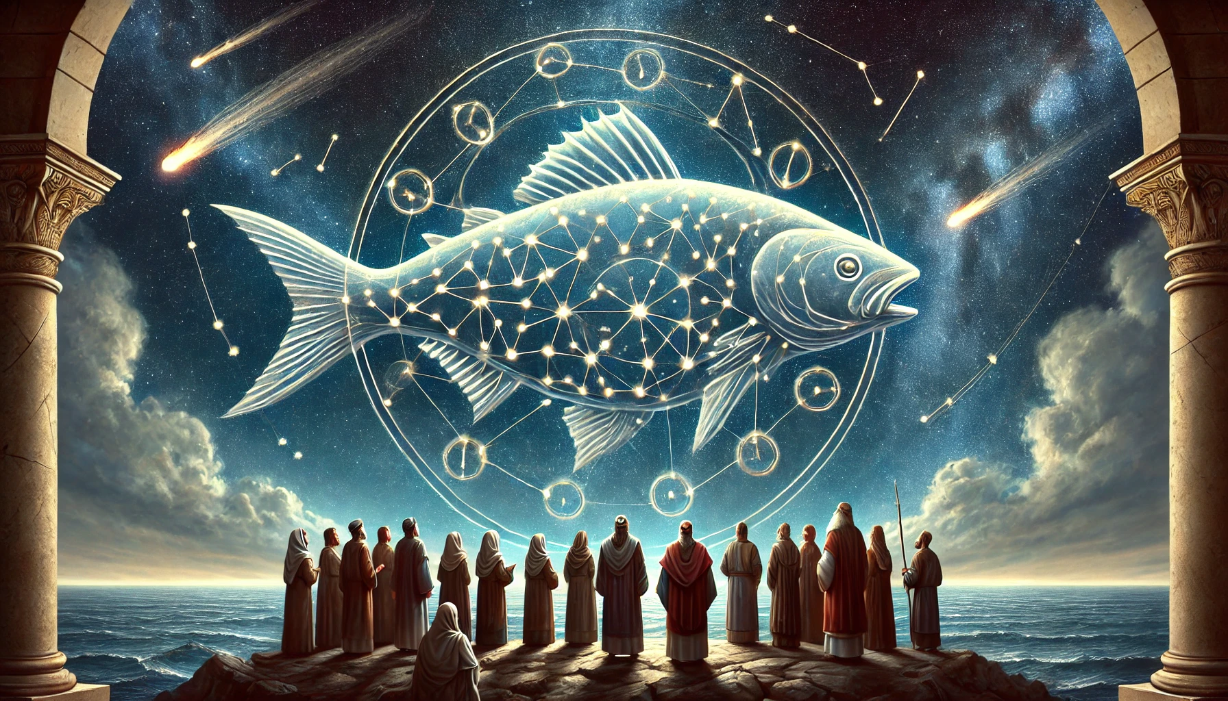 A detailed illustration shows a group of cloaked figures observing a large celestial depiction of a fish composed of stars and geometric lines in the night sky. The scene is framed by classical columns overlooking a vast ocean, with shooting stars visible above.