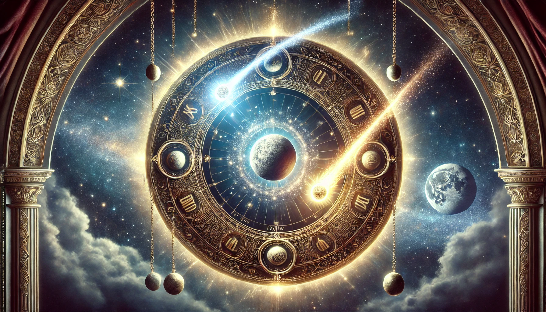 A fantastical cosmic illustration depicting an ornate celestial wheel with symbols intricately engraved on its perimeter, suspended in a star-filled universe. The wheel encircles a luminous depiction of Earth, and other celestial bodies, including moons and distant planets. Beams of light and celestial bodies anchor the wheel, with classical architecture framing the scene.