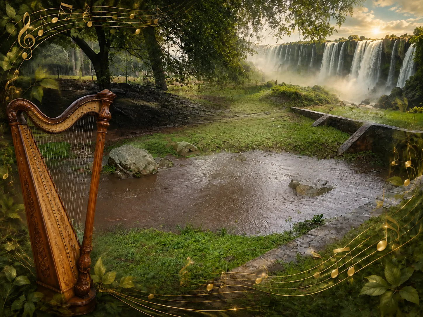 A wooden harp stands on the left side of the image, surrounded by lush greenery. In the background, a waterfall cascades down a rocky cliff, creating mist in the air, with gentle sunlight illuminating the scene. The foreground features a calm, muddy stream, with scattered rocks and grass. Musical notes and vines frame the scene, adding a whimsical touch.