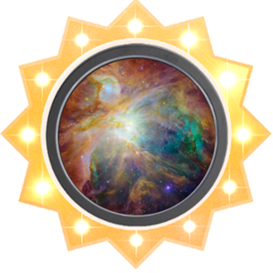 A vibrant celestial image depicted within a circular frame surrounded by a stylized shining sun with radiating golden rays and twinkling stars.